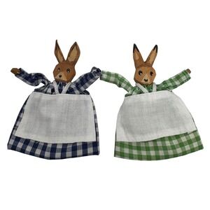 Hand Carved Wood Bunny Rabbit Finger Puppets Gingham Set of 2 Folk‎ Art vintage
